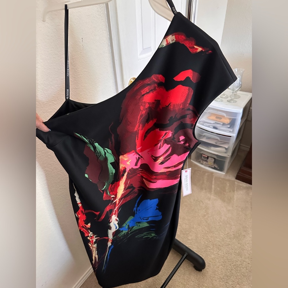 Black multi color one shoulder knee length dress